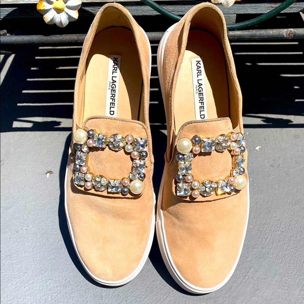 Karl Lagerfeld suede Tan Embellished Women's Slip-On Shoes. Like new